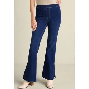 Soft Surroundings Pull On Flare Jeans Dark Wash Stretch Denim Side Slit PM
